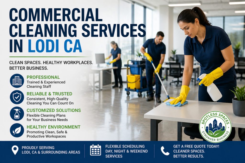Professional commercial cleaning team sanitizing modern office workspace for commercial cleaning services in Lodi CA with desks, floors, and surfaces being cleaned
