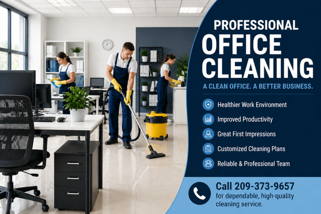 Professional office cleaning team cleaning a modern workspace with desks, floors, and sanitized office areas.